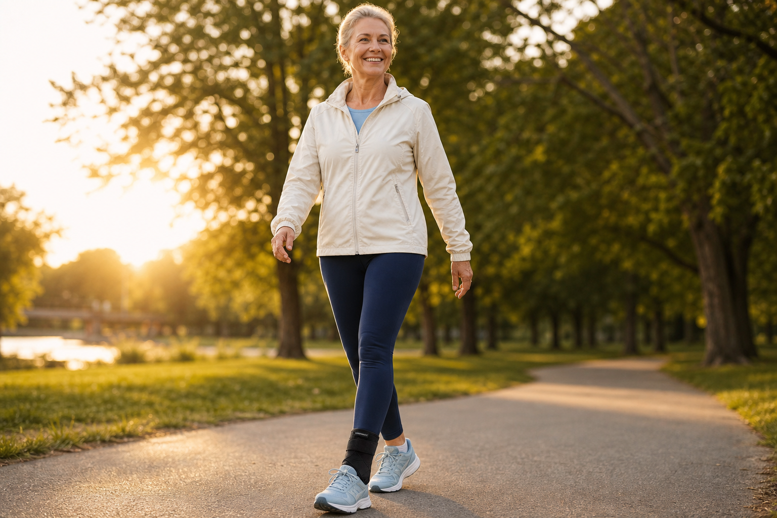 Adult walker wearing StrideVault wrap on a park path